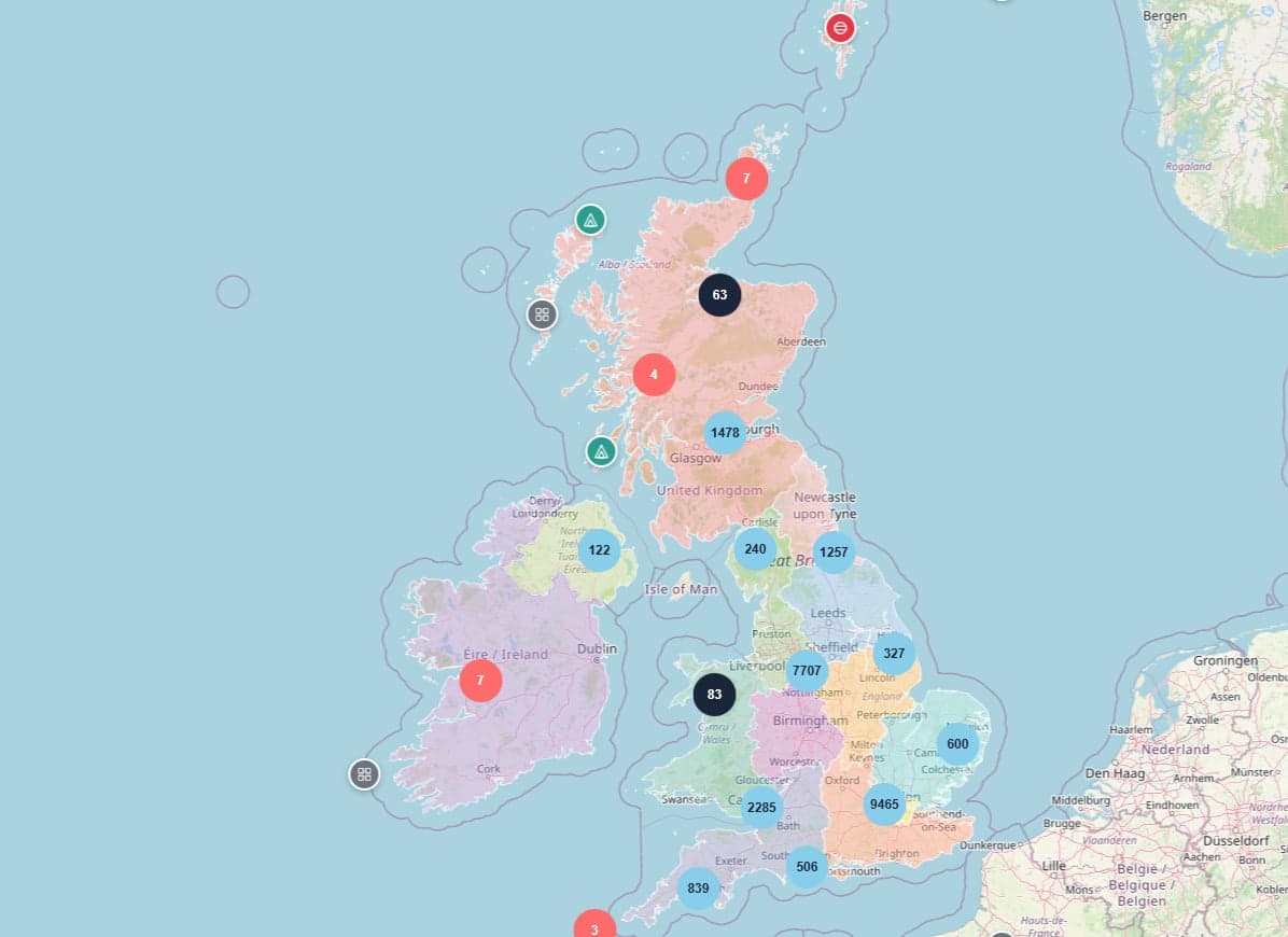 UK map showing training venues by region